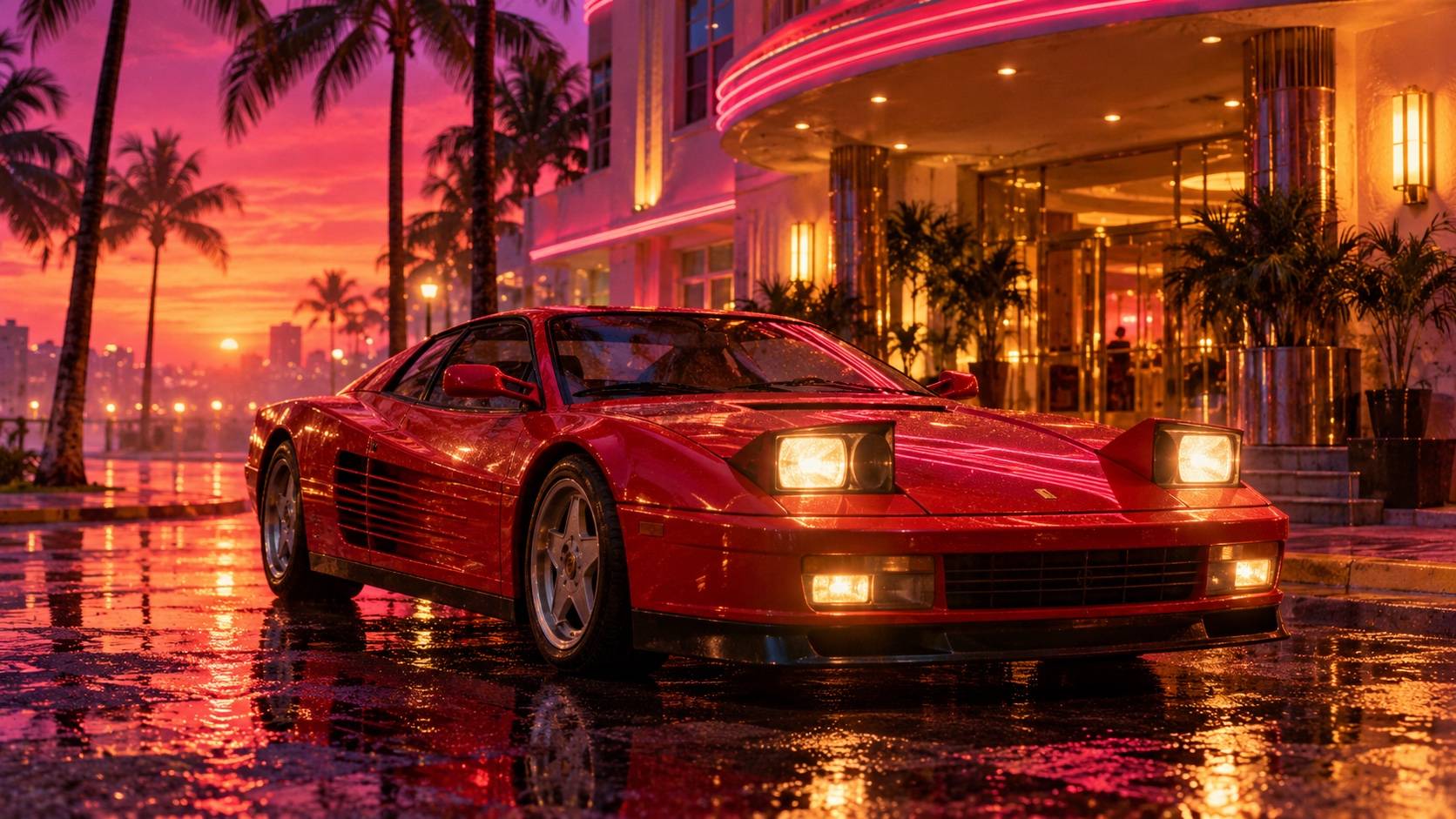 Red 1990s supercar outside an art deco hotel at night