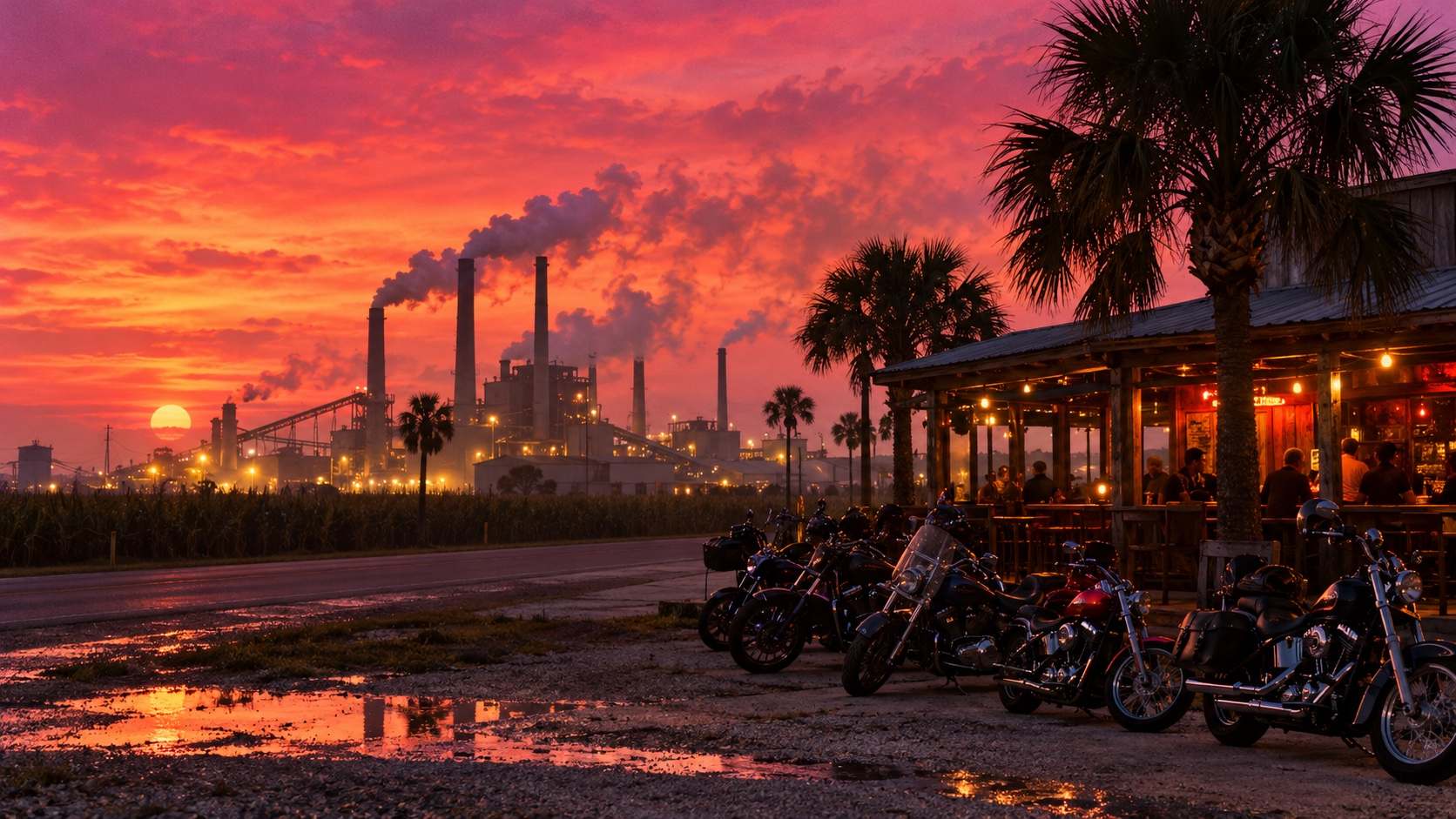 Smokestacks and a biker bar at dusk