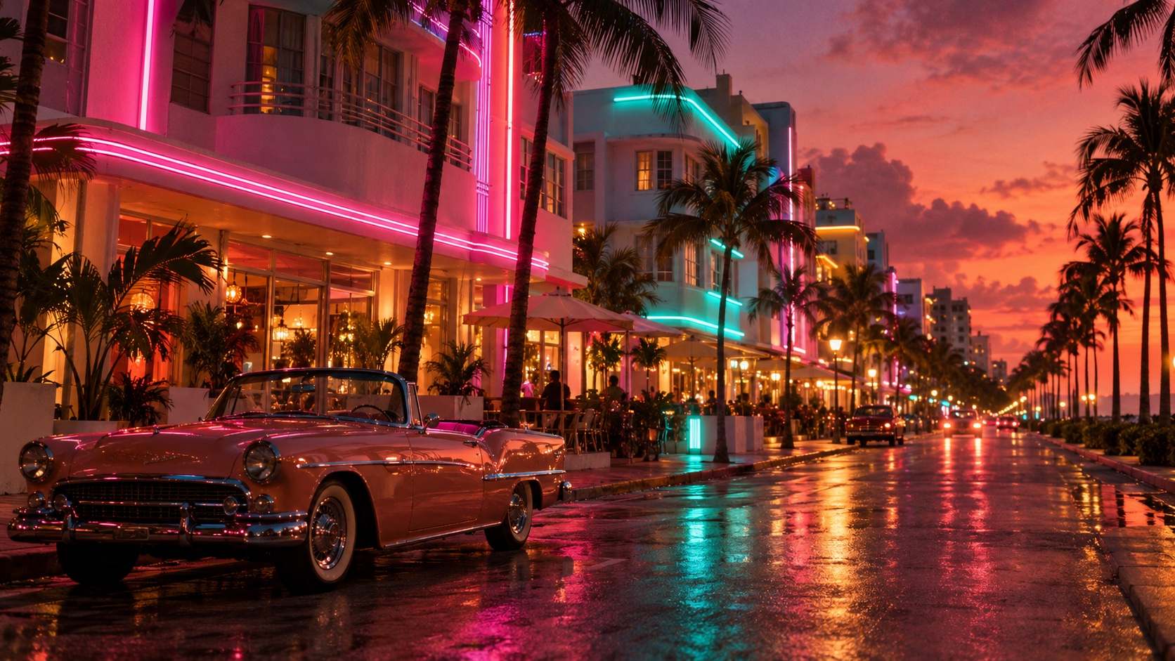Art deco hotels under neon at night
